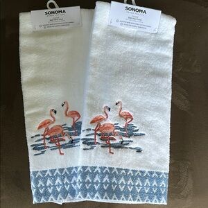 Sonoma Flamingo Embroidered Hand Towels - White with Blue and Pink